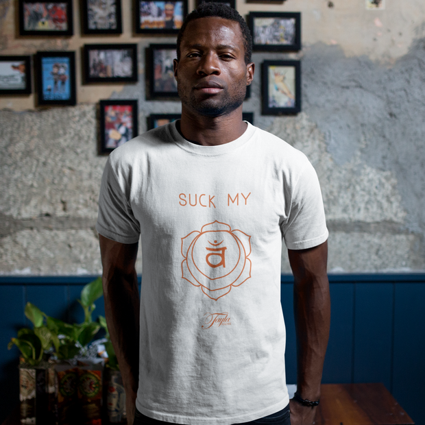 Short-Sleeve Men's White T-Shirt - Suck My Sacral Chakra-1